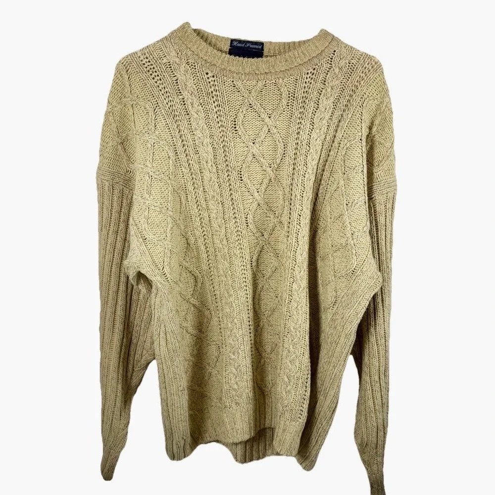 Vintage Gant Sweater Hand Framed Beige Tan Cable Knit Cotton Men L Y2K Fisherman